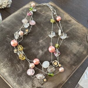 Vintage Beaded Necklace with Pink and Green Accents
